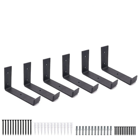 Built Tough Heavy Duty Floating Shelf Brackets Set Of 6 6 Inch Long 4 Inch High 1.5 Inch Lip Black Rustic Iron Wall Mounted Brackets For DIY Open Shelving Fits 5.5 Inch Boards with screws and anchors displayed.