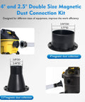 Quick Connect Magnetic Dust Collection Kit for 4 and 2.5 inch hoses, showing dual-size ports and vacuum attachment