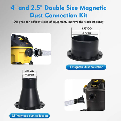 Quick Connect Magnetic Dust Collection Kit for 4 and 2.5 inch hoses, showing dual-size ports and vacuum attachment