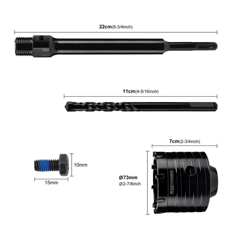 Heavy Duty 73mm Concrete Hole Saw With 220mm SDS Plus Shank And 2-7/8 Inch Diameter Tough Carbide Design components display