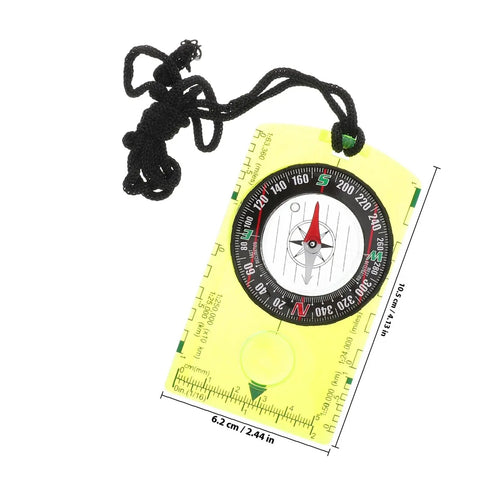 Portable Acrylic Hiking Compass For Outdoor Camping And Backpacking, shown with measuring scales, black cord attached