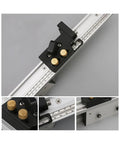 Knockout Precision Aluminum Router Fence With Quick Grip Flip Stop And Pro Miter Gauge Angle Measuring Ruler For Straight Shot Woodworking 450 To 800 Millimeters close-up view showing gold knobs and measurement scale.