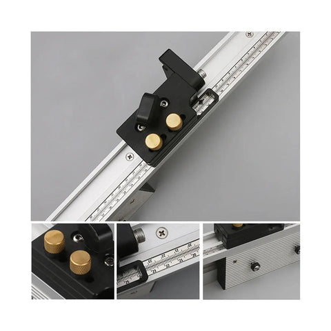 Knockout Precision Aluminum Router Fence With Quick Grip Flip Stop And Pro Miter Gauge Angle Measuring Ruler For Straight Shot Woodworking 450 To 800 Millimeters close-up view showing gold knobs and measurement scale.