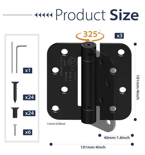 3 Pack 4 Inch Self Closing Door Hinges With Five Eighth Inch Radius Corners Black Finish For Kitchen Bathroom Garage And Office Doors No Fuss Install Durable Stainless Steel Mounting Hardware Built To Last Ideal For Interior Doors And High Traffic Use.