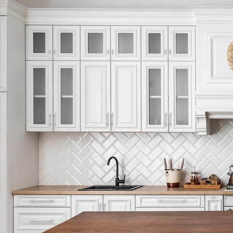 Modern kitchen with white cabinets featuring 20 Pack Brushed Nickel Cabinet Handles 6-1/4 Inch Center To Center Stainless Steel Drawer Pulls