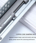 Close-up of Heavy Duty 350mm Soft Close Drawer Slides with Roller Bearings, showcasing steel hydraulic damper for quiet installations.