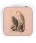 Gyrfalcon Birds Of Prey Inspired Travel Jewelry Case Pink, Ultra Compact 4x4x2 Inch with falcons art on lid