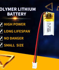 3.7V 40mAh 301020 LiPo Battery Pack With PH2.0mm JST Connector highlighted for its high power, safety, and small size