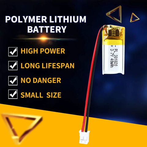3.7V 40mAh 301020 LiPo Battery Pack With PH2.0mm JST Connector highlighted for its high power, safety, and small size