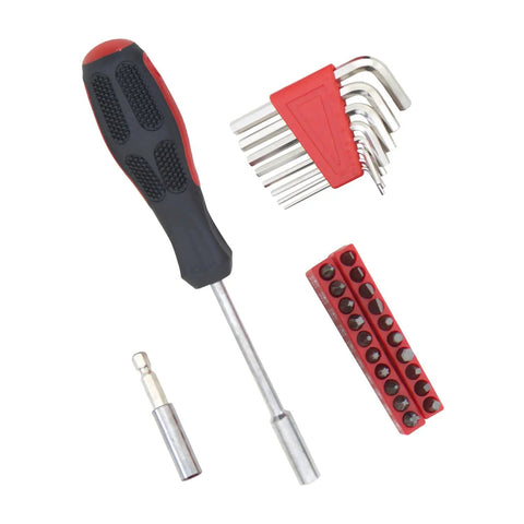 39 Piece Household Tools Kit With Plastic Toolbox For Dorms And Home Use, including screwdriver, hex keys, and bits