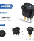 12V Blue Round LED Toggle Switch 20A SPST On Off DC 12V Electrical Switch For Cars Trucks Marine And Off Road Projects Copper Contacts Flame Retardant Casing Easy Panel Mount For Your Ride, shown with dimensions