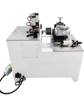Pro Shop Grade 45 Degree Corner Cutting And Punching Machine With Dual Spindles And 8 Inch Alloy Saw Blade For Smooth Wood And Aluminum Fab Works Dead On Accuracy Drilling Up To 40 Mm Thick side view with motor and controls.