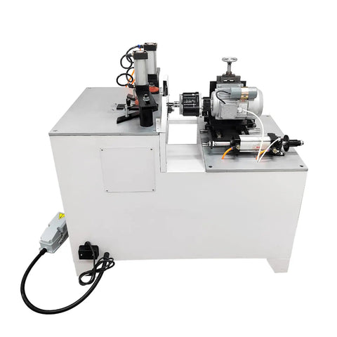 Pro Shop Grade 45 Degree Corner Cutting And Punching Machine With Dual Spindles And 8 Inch Alloy Saw Blade For Smooth Wood And Aluminum Fab Works Dead On Accuracy Drilling Up To 40 Mm Thick side view with motor and controls.