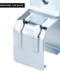 Close-up of Beefy Heavy Duty Box Rail Hanger Brackets for Barn Doors, galvanized steel, rust proof finish, 1-3/4 inch by 2-3/8 inch fit