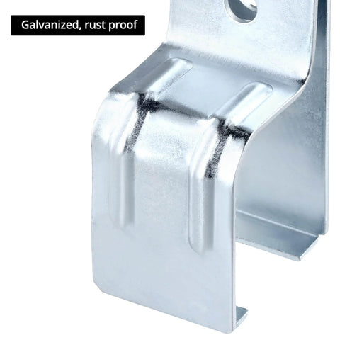 Close-up of Beefy Heavy Duty Box Rail Hanger Brackets for Barn Doors, galvanized steel, rust proof finish, 1-3/4 inch by 2-3/8 inch fit