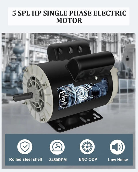 Heavy Duty 5 HP Single Phase Electric Motor With 3450 RPM 56 Frame 208 230V Five Eighths Inch Shaft Rolled Steel Shell