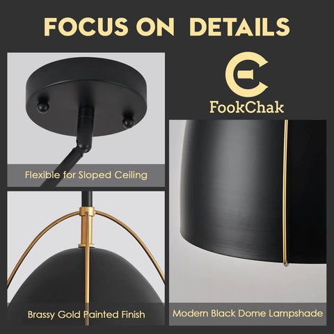 Focus on details of Black Dome Pendant Light For Kitchen Island, 10 Inch Dope Modern Black And Gold Ceiling Fixture With E26 Socket