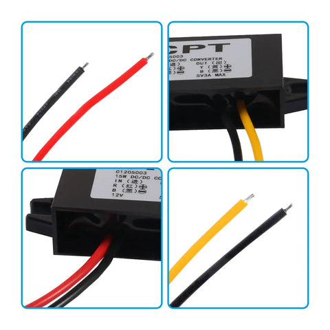 12V To 5V Buck Converter Module For Cars Beefy 3A DC-DC Regulator 15W Output High Efficiency Up To 96 Percent With Wire Interface