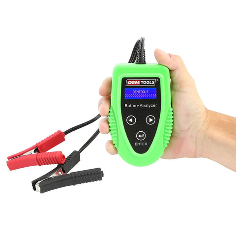 Person holding a 12V Digital Car Battery Tester With 200 To 1200 CCA Load, Handy Diagnostics For Battery Starter And Charging System.