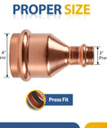 Heavy Duty Copper Press Coupling No Stop 50 Pack 4X3 Through Flow Pipe Connector angled view showing 4 and 3 inch press measurements.