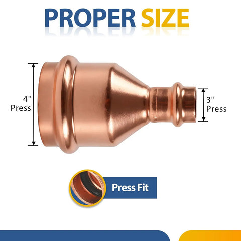 Heavy Duty Copper Press Coupling No Stop 50 Pack 4X3 Through Flow Pipe Connector angled view showing 4 and 3 inch press measurements.