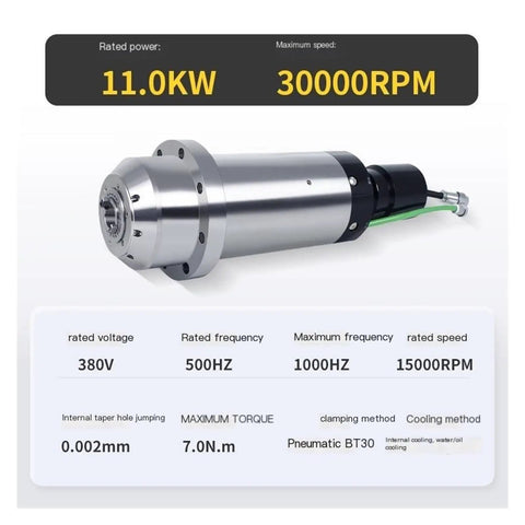 Heavy Duty Water Cooled Automatic Tool Changer Electric Spindle BT30 11KW 30000 RPM CNC spindle motor with detailed specifications.