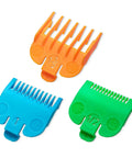 Clipper Guard Set For Most Hair Clippers Replacement Guides Includes Three Guards In Sizes One Sixteenth, One Eighth, And Three Sixteenths Inches Color Coded With Random Colors For Quick Picks And Easy Swaps On Wahl Clipper Heads shown in orange, blue, and green.