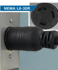 Close-up of a NEMA L6-30R socket with a plugged-in cord, focus on the fifteen foot locking power cord for NEMA L6 30P to SJTW ten three 30 amp 250 volt heavy duty cable.