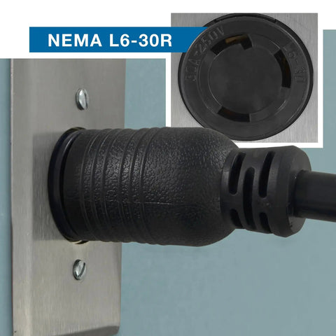 Close-up of a NEMA L6-30R socket with a plugged-in cord, focus on the fifteen foot locking power cord for NEMA L6 30P to SJTW ten three 30 amp 250 volt heavy duty cable.