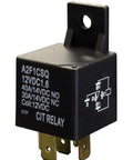 Sealed SPDT Automotive Relay With Mounting Flange And Quick Connect Terminals, 12V DC Coil, 1.6W Coil Power, Rock Solid, Weatherproof Auto Relay For Car Electronics And Wiring on white background