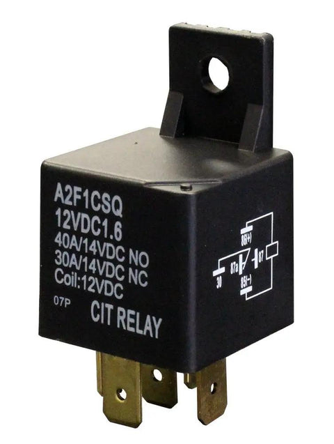 Sealed SPDT Automotive Relay With Mounting Flange And Quick Connect Terminals, 12V DC Coil, 1.6W Coil Power, Rock Solid, Weatherproof Auto Relay For Car Electronics And Wiring on white background