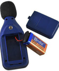Back view of Decibel Meter With Backlit Display 30 to 130 dBA Range MAX and MIN Hold 0.1 dBA Resolution 1.5 dBA Accuracy with open battery compartment