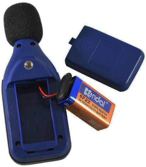 Back view of Decibel Meter With Backlit Display 30 to 130 dBA Range MAX and MIN Hold 0.1 dBA Resolution 1.5 dBA Accuracy with open battery compartment