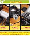Built Tough Electric Pipe Threader Machine Combining Cutting Trimming And Threading For One Half To Three Inch NPT BSPT Water Gas Pipes And Electrical Conduits Working Like A Charm On 220V – 3 in 1 Function showing threading, cutting, and trimming.