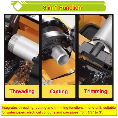 Built Tough Electric Pipe Threader Machine Combining Cutting Trimming And Threading For One Half To Three Inch NPT BSPT Water Gas Pipes And Electrical Conduits Working Like A Charm On 220V – 3 in 1 Function showing threading, cutting, and trimming.