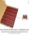 Box of red DIN rail terminal blocks UL 600V 30A 10 to 22 AWG for control panels and machinery wiring in harsh environments
