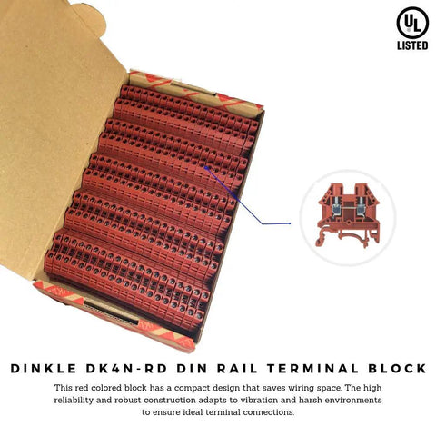 Box of red DIN rail terminal blocks UL 600V 30A 10 to 22 AWG for control panels and machinery wiring in harsh environments