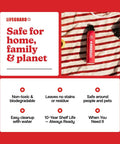 Red and white compact aerosol fire extinguisher spray on striped fabric with safety features listed, ideal for home and kitchen.