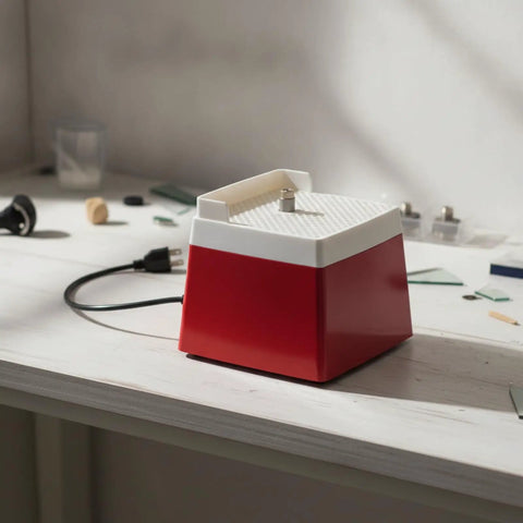 Compact Mini Glass Edge Grinding Machine For Hobby Workspace And Repair Bench. Red unit on a cluttered workbench.