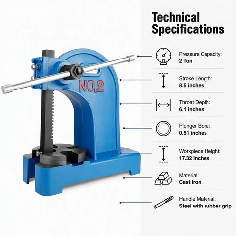 Badass Heavy Duty Cast Iron 2 Ton Manual Arbor Bench Press With Adjustable Lever For Zero Hassle Stamping Bending And Jewelry Crafts Built To Power Through Any Daily Shop Task Smoothly, showing technical specs.