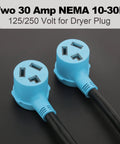 Two blue NEMA 10-30R female plugs on black cord for Three Prong Dryer Y Splitter Cord 2 Ft NEMA 10 30P Male To Two NEMA 10 30R.