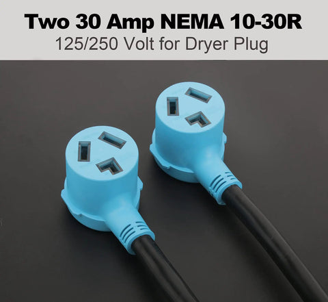 Two blue NEMA 10-30R female plugs on black cord for Three Prong Dryer Y Splitter Cord 2 Ft NEMA 10 30P Male To Two NEMA 10 30R.