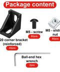 Package contents of 40 Piece Black Anodized 2020 Aluminum Extrusion Bracket Kit including screws, nuts, and wrench.
