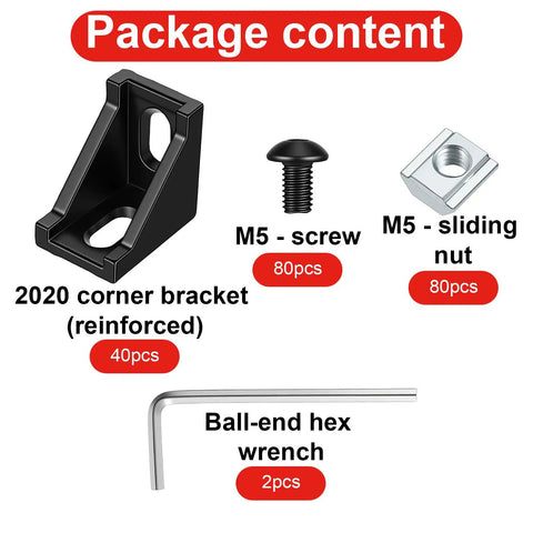 Package contents of 40 Piece Black Anodized 2020 Aluminum Extrusion Bracket Kit including screws, nuts, and wrench.