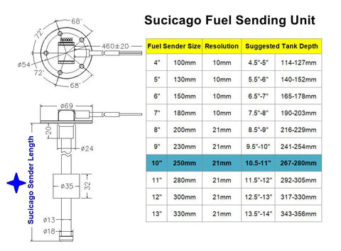 Diagram of Direct Replacement Boat Fuel Tank Sending Unit 240-33 Ohms 10 Inch Diesel Fuel Gauge specifications