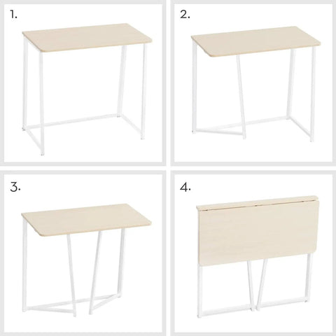 Compact Folding Desk For Small Spaces 31.5 Inch Oak Finish Computer Table with white metal legs in various angles and folded view.