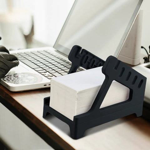 Real Deal Label Roll Organizer Desk Stand For Thermal Printers And Fan Fold Stickers Rack With Open Front Storage beside a laptop.