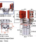 Adjustable Finger Cylinder Telescopic Frame Mechanical Arm Fixture With Widened Chuck And Parallel Gripper for 16D And 20D Pneumatic Accessories, showing dimensions and clamping range.