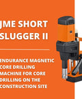 JME ShortSlugger II magnetic base drill with motion sensor, 1200W power, 1-1/4 inch HSS cutter, 2 inch drilling depth, orange design