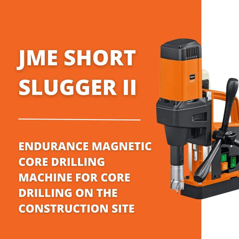 JME ShortSlugger II magnetic base drill with motion sensor, 1200W power, 1-1/4 inch HSS cutter, 2 inch drilling depth, orange design